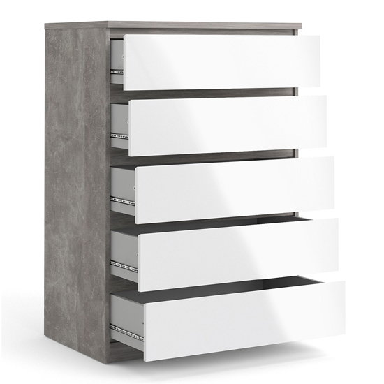 Nakou High Gloss Chest Of 5 Drawers In Concrete And White_4