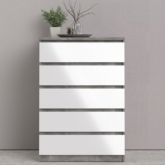 Photo of Nakou high gloss chest of 5 drawers in concrete and white