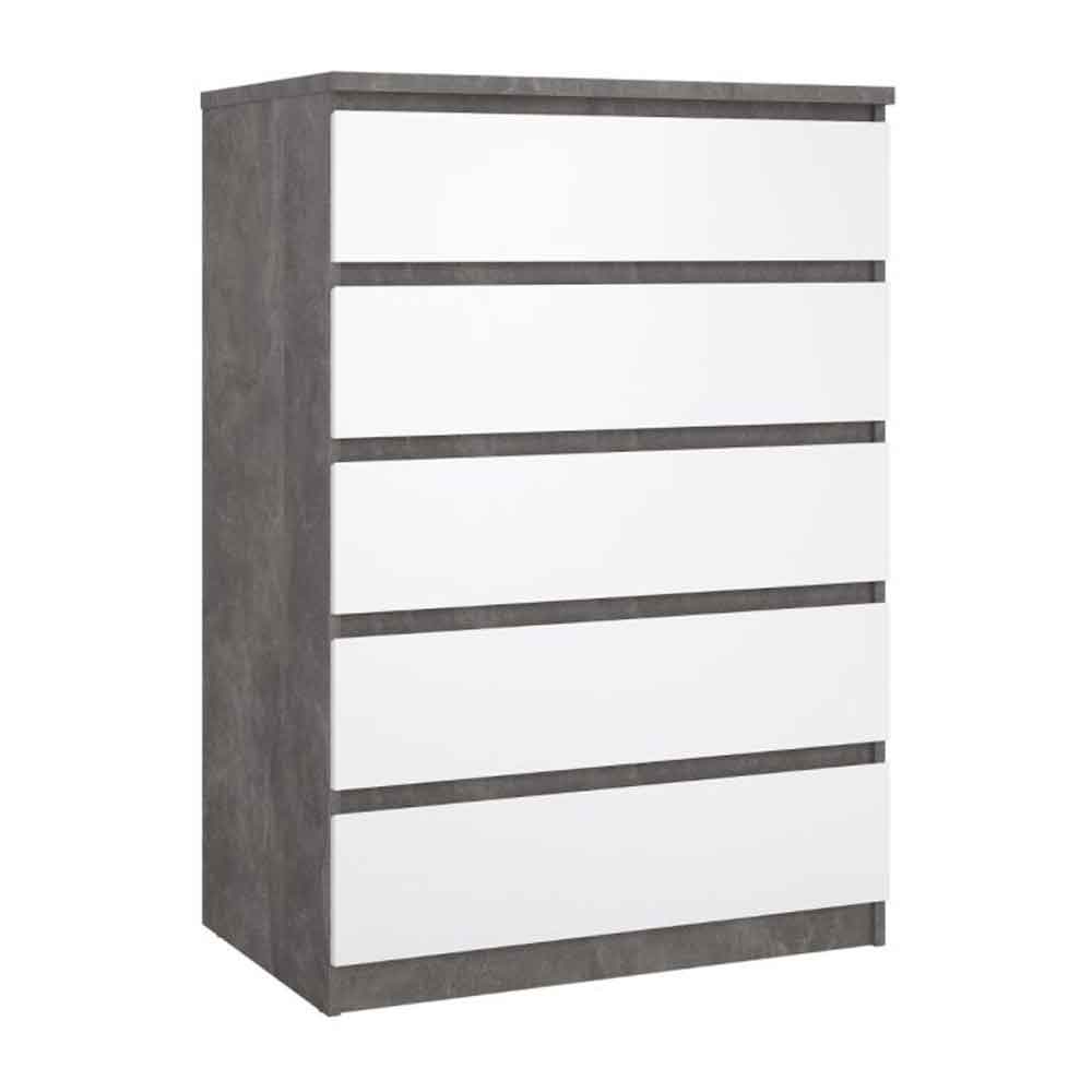 Nakou High Gloss Chest Of 5 Drawers In Concrete And White