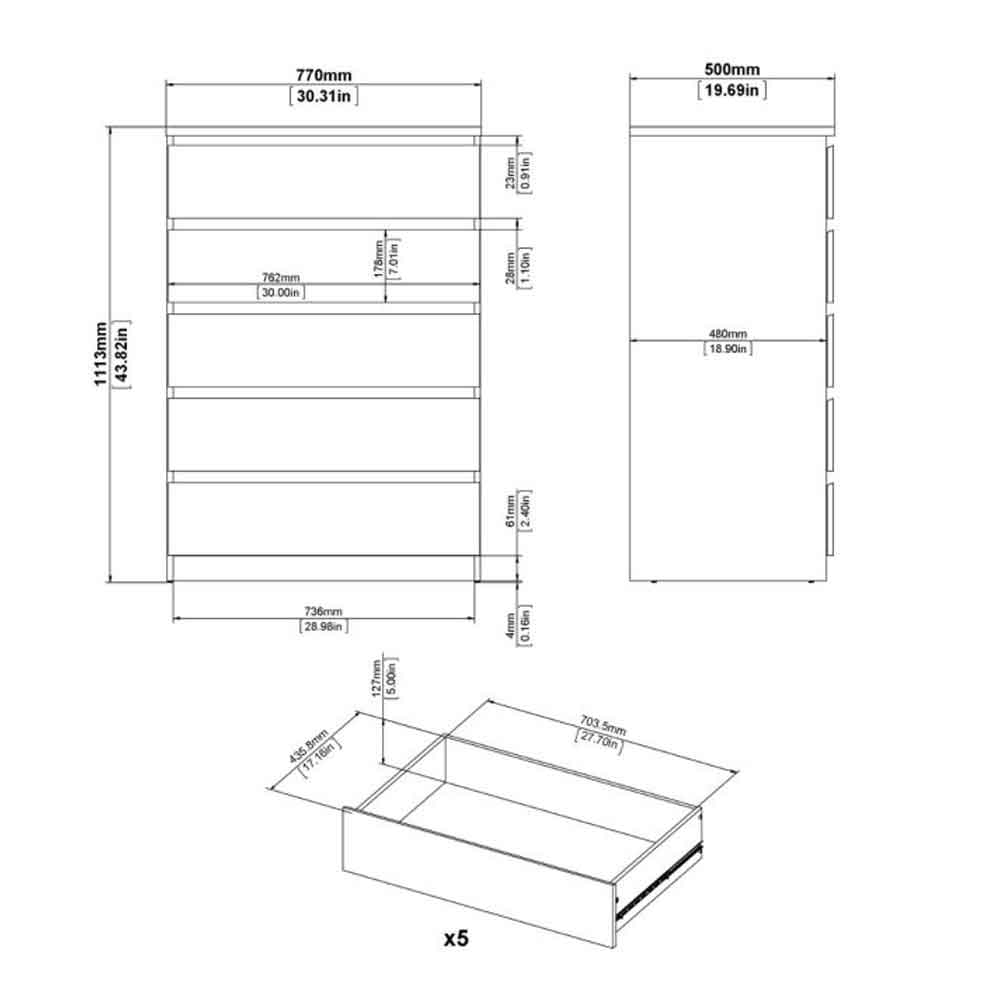 Nakou High Gloss Chest Of 5 Drawers In Concrete And White