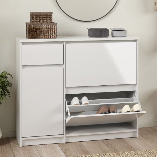 Read more about Nakou high gloss shoe storage cabinet with 2 flip doors in white