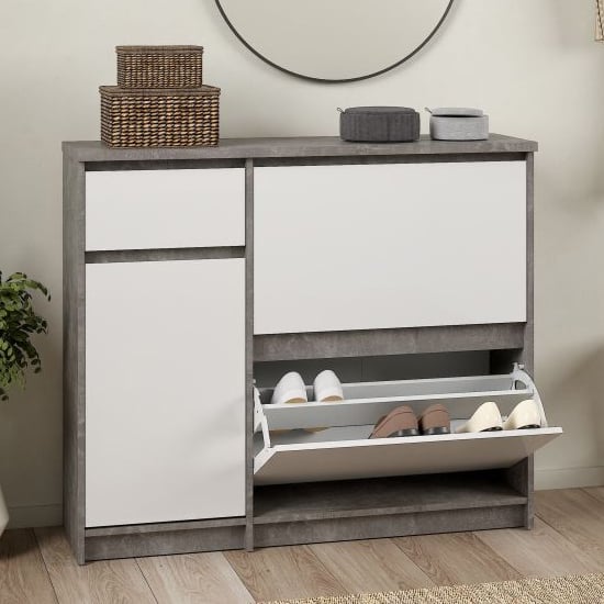 Read more about Nakou high gloss shoe storage cabinet 3 doors in concrete white