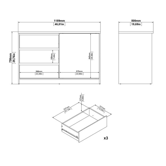 Nakou High Gloss Sideboard 1 Sliding Door 3 Drawers In White
