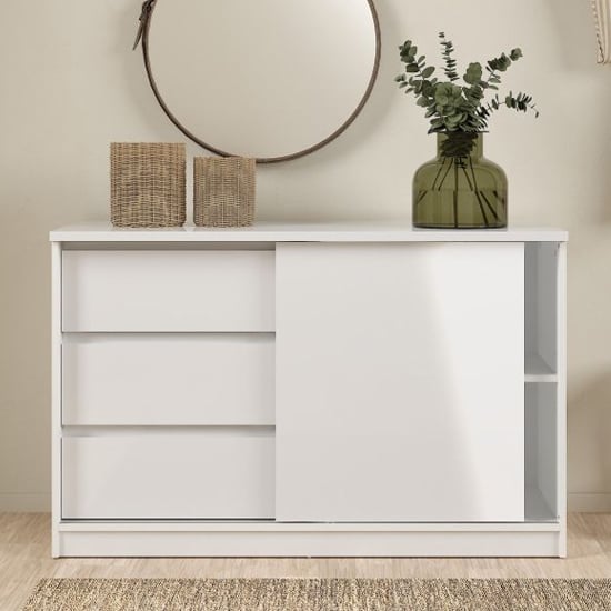 Product photograph of Nakou High Gloss Sideboard 1 Sliding Door 3 Drawers In White from Furniture in Fashion