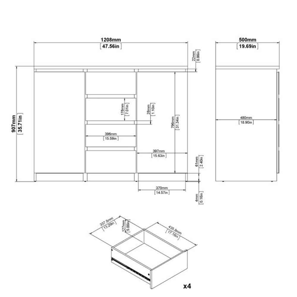Nakou High Gloss Sideboard With 2 Doors 4 Drawers In White