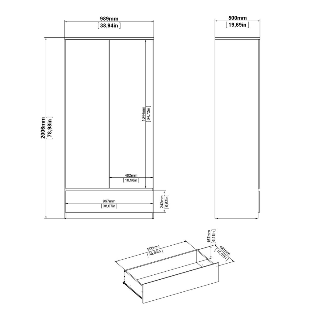 Nakou High Gloss Wardrobe With 2 Doors 1 Drawer In White
