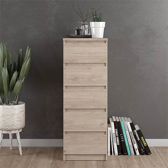 Product photograph of Nakou Narrow Wooden Chest Of 5 Drawers In Jackson Hickory Oak from Furniture in Fashion