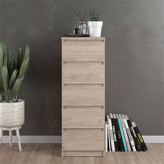 Photo of Nakou narrow wooden chest of 5 drawers in jackson hickory oak