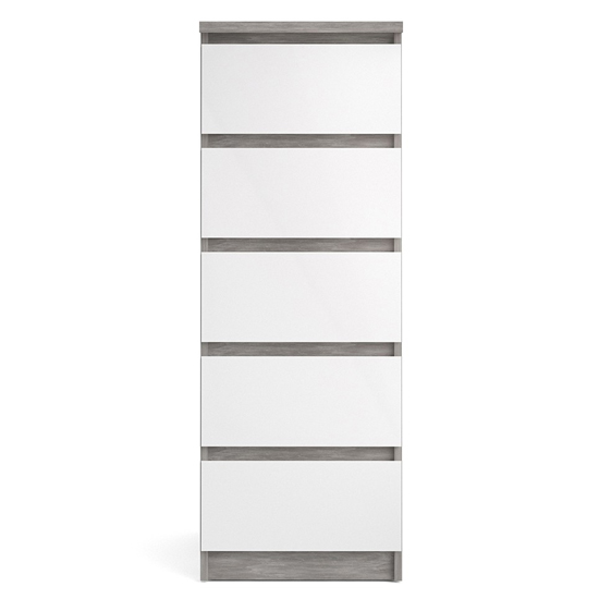 Nakou Narrow High Gloss Chest Of 5 Drawers In Concrete White