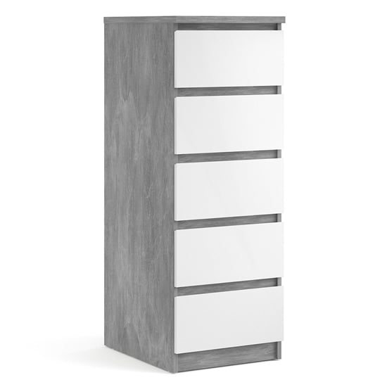 Nakou Narrow High Gloss Chest Of 5 Drawers In Concrete And White_3