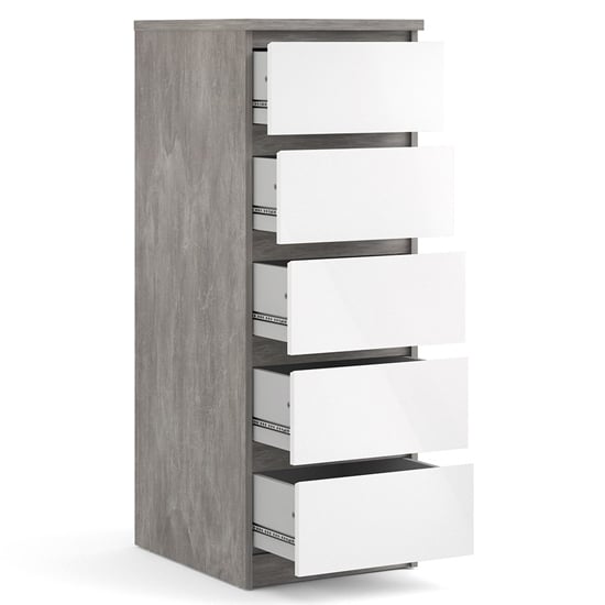 Nakou Narrow High Gloss Chest Of 5 Drawers In Concrete And White_4
