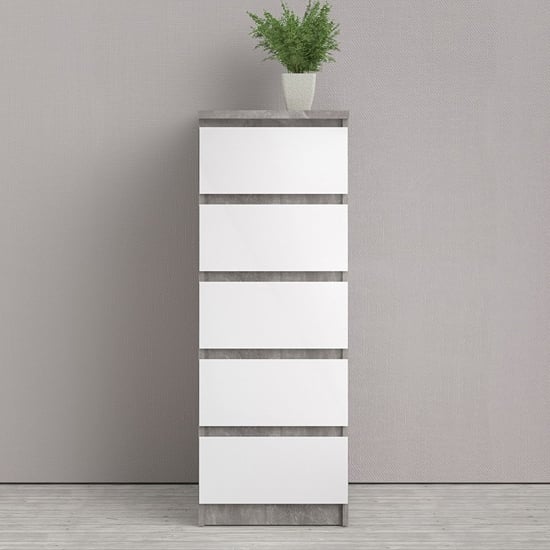 Nakou Narrow High Gloss Chest Of 5 Drawers In Concrete And White