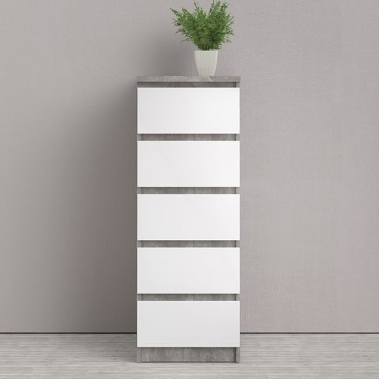 Read more about Nakou narrow high gloss chest of 5 drawers in concrete and white