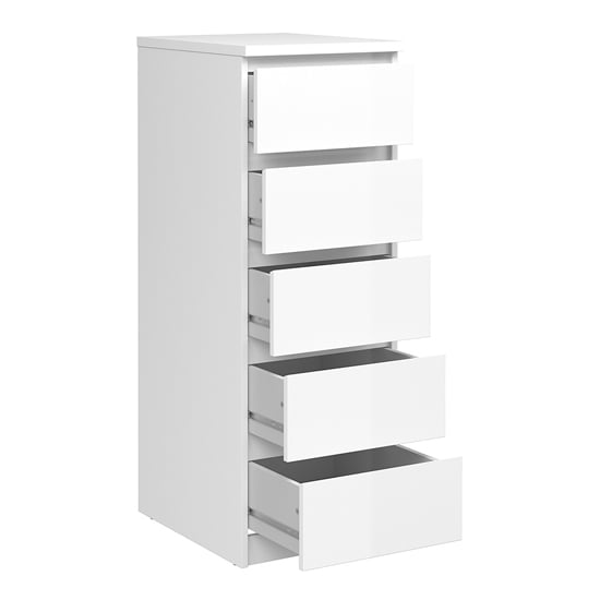 Nakou Narrow High Gloss Chest Of 5 Drawers In White_3