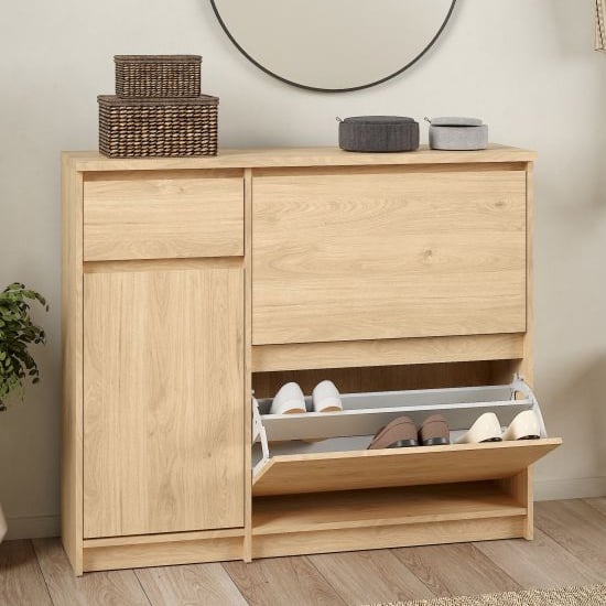 Product photograph of Nakou Shoe Storage Cabinet 3 Doors 1 Drawer In Jackson Hickory from Furniture in Fashion