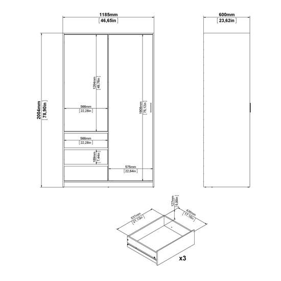 Nakou Sliding Wardrobe 2 Doors 3 Drawers In Jackson Hickory Oak