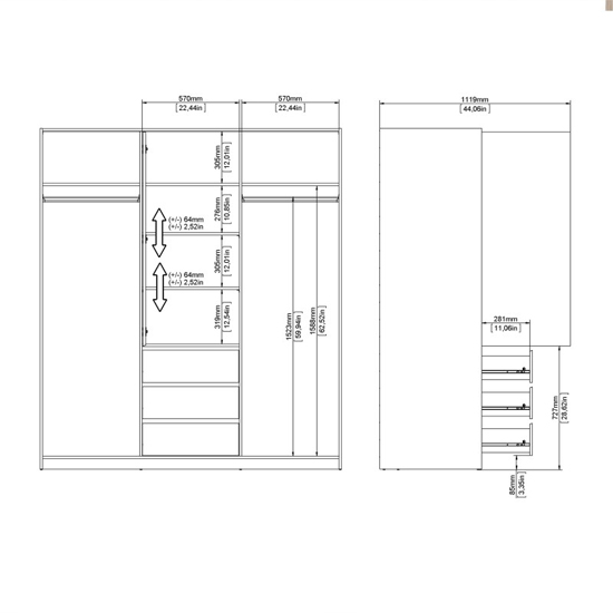 Nakou Sliding Wardrobe 3 Doors 3 Drawers In Jackson Hickory Oak