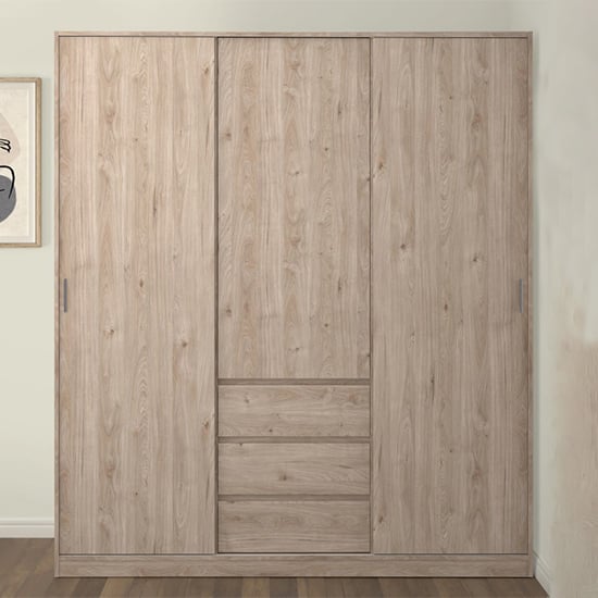 Read more about Nakou sliding wardrobe 3 doors 3 drawers in jackson hickory oak