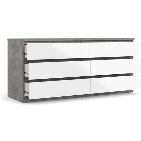 Nakou Wide High Gloss Chest Of 6 Drawers In Concrete And White_4