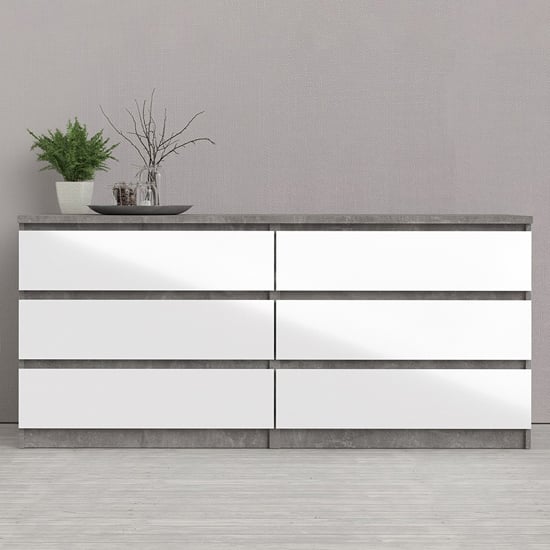 Product photograph of Nakou Wide High Gloss Chest Of 6 Drawers In Concrete And White from Furniture in Fashion