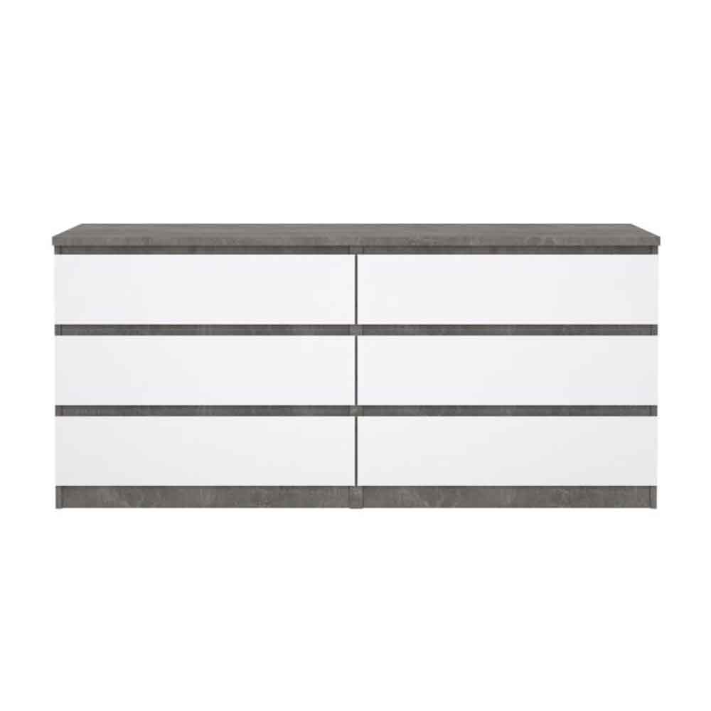 Nakou Wide High Gloss Chest Of 6 Drawers In Concrete And White
