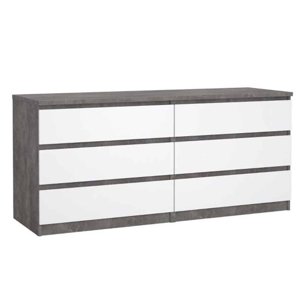 Nakou Wide High Gloss Chest Of 6 Drawers In Concrete And White