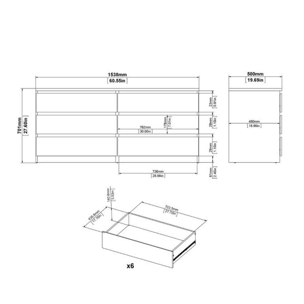 Nakou Wide High Gloss Chest Of 6 Drawers In Concrete And White