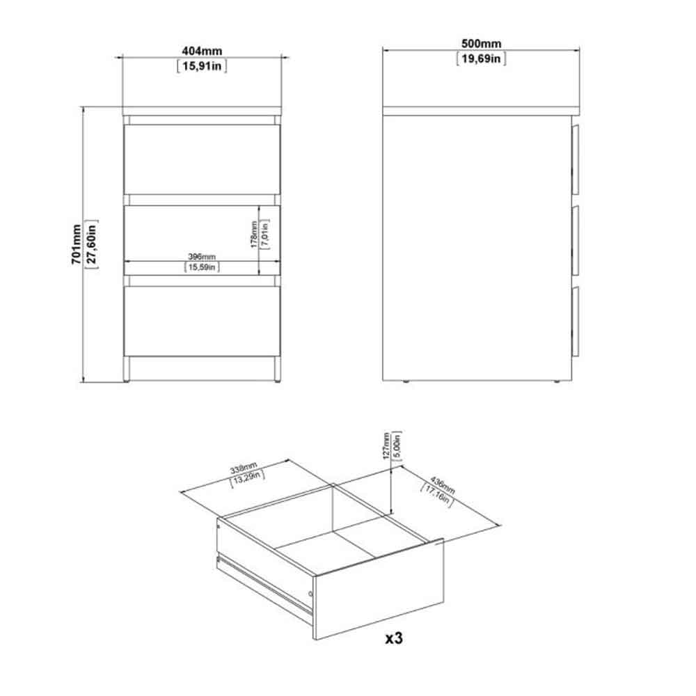 Nakou Wooden Bedside Cabinet With 3 Drawers In Matt Black