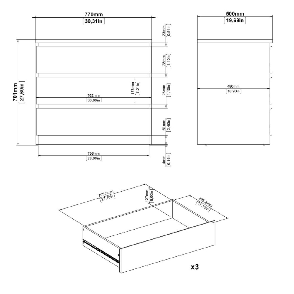 Nakou Wooden Chest Of 3 Drawers In White