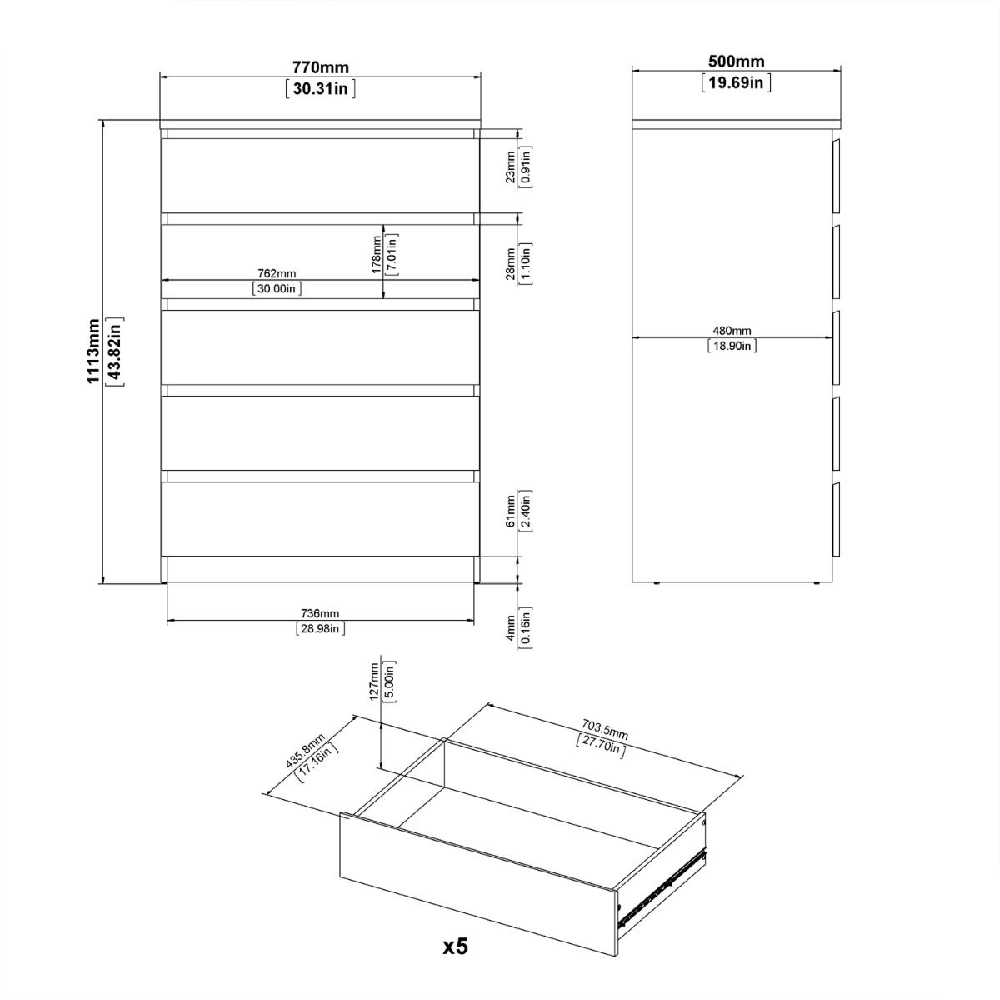Nakou Wooden Chest Of 5 Drawers Wide In White