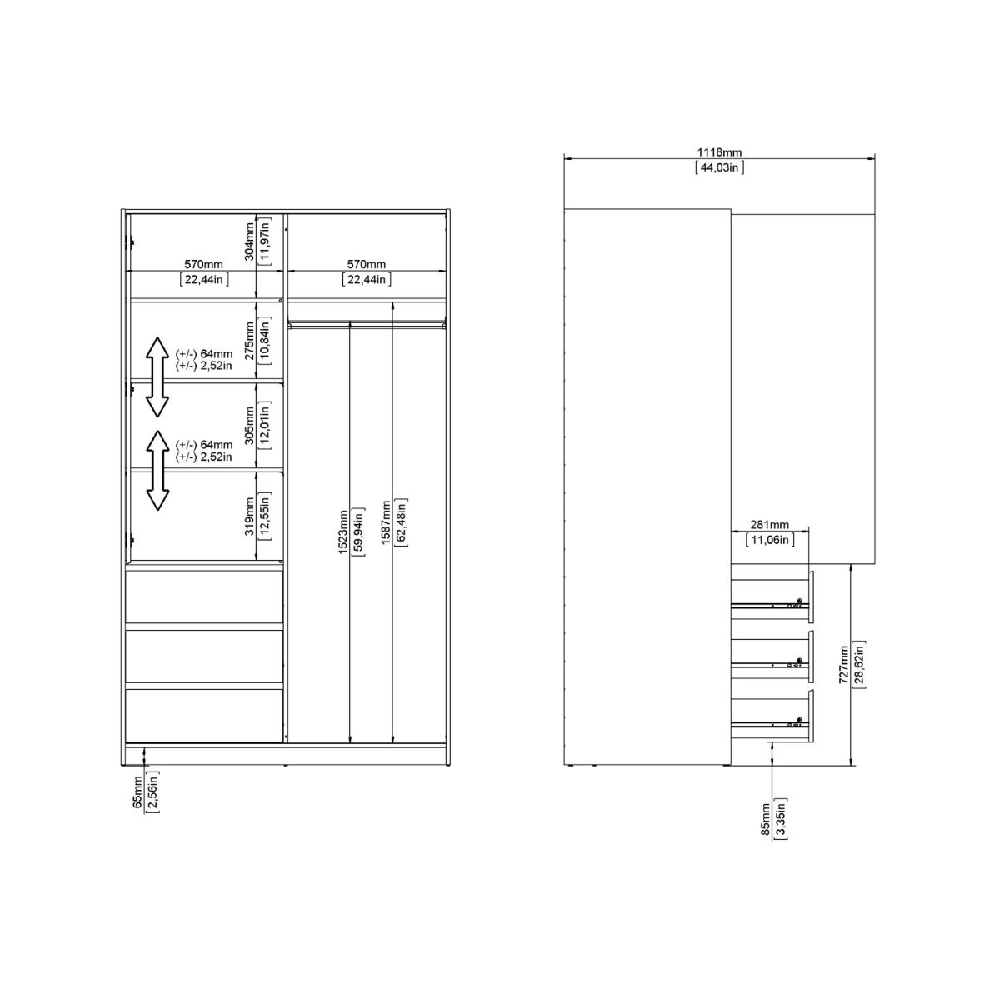 Nakou Wooden Wardrobe With 1 Sliding Door 3 Drawers In White