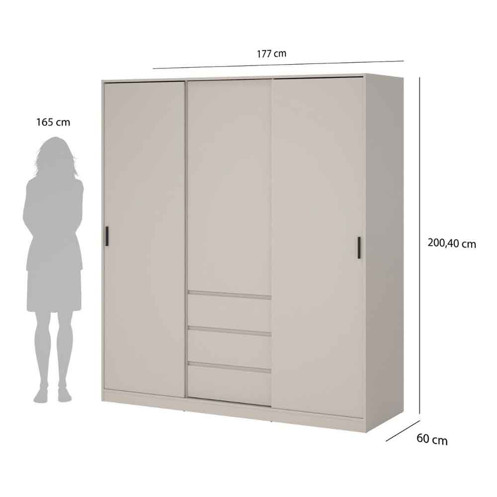 Nakou Wooden Wardrobe with 2 Sliding Doors and 3 Drawers in Cashmere