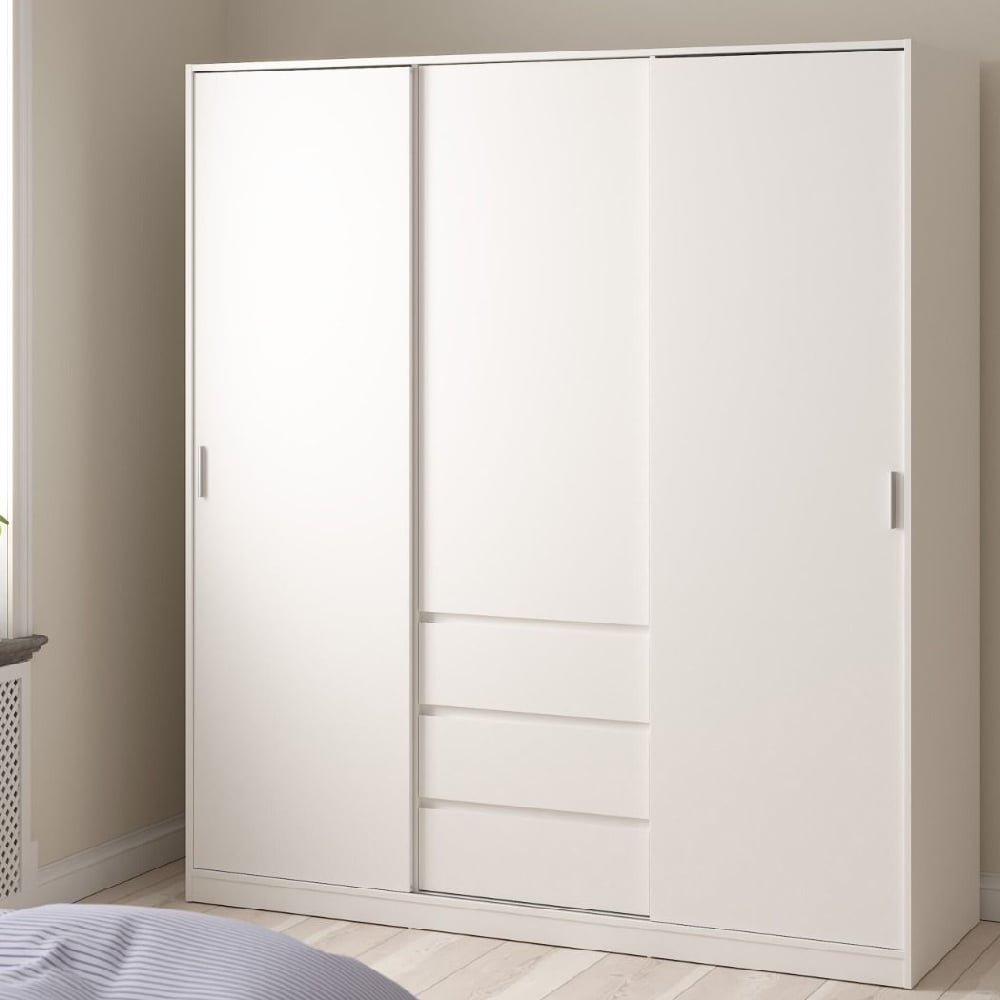 Read more about Nakou wooden wardrobe with 2 sliding doors 3 drawers in white