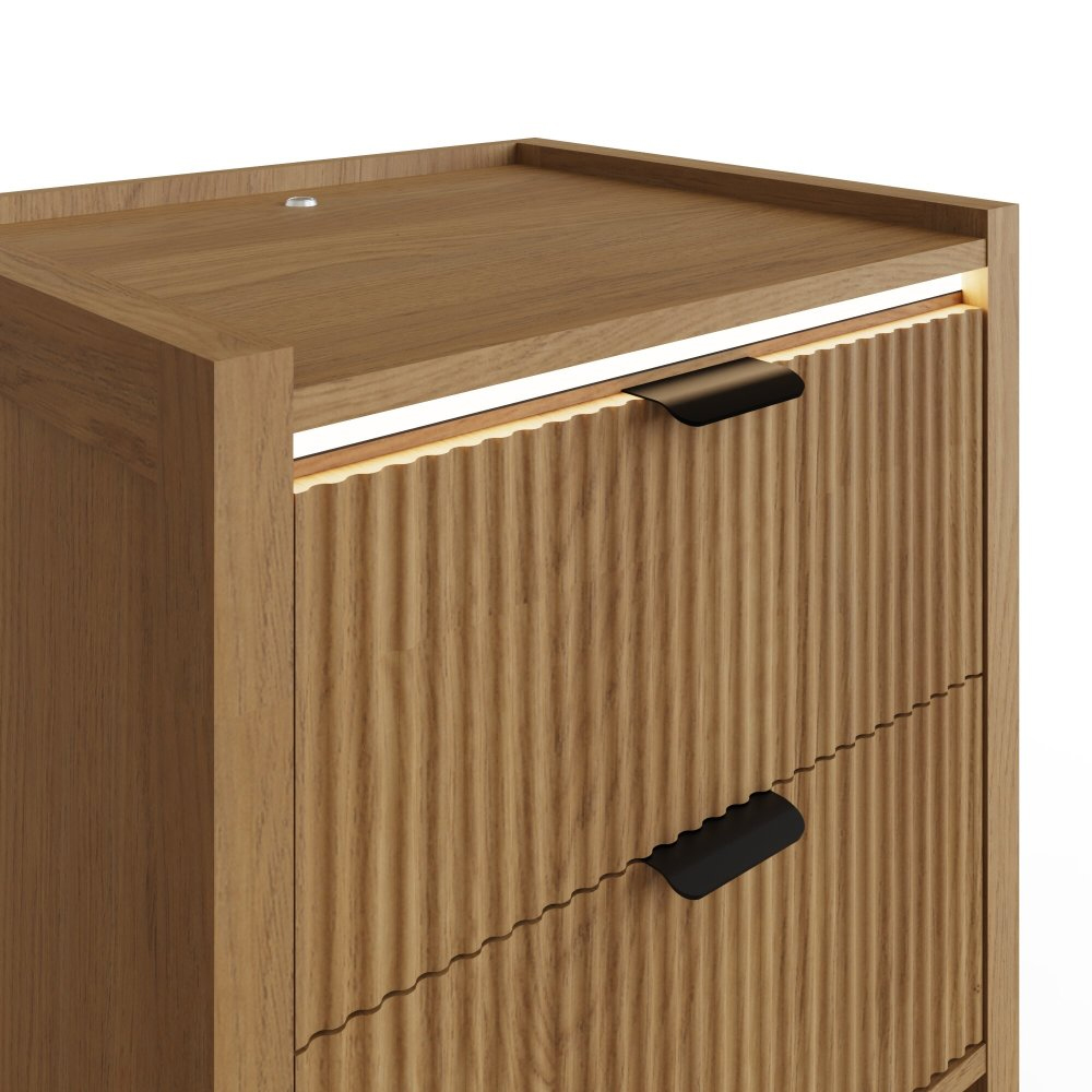 Nalmor Wooden Bedside Cabinet with 2 Drawers in Oak and LED