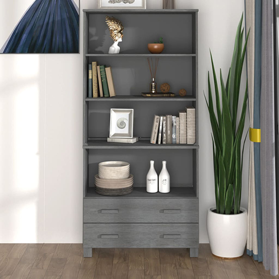 Nalren Solid Pinewood Bookcase With 2 Drawers In Dark Grey thumbnail