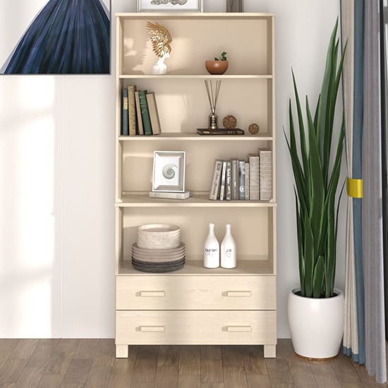 Read more about Nalren solid pinewood bookcase with 2 drawers in honey brown