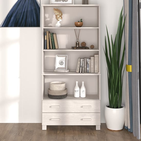Product photograph of Nalren Solid Pinewood Bookcase With 2 Drawers In White from Furniture in Fashion