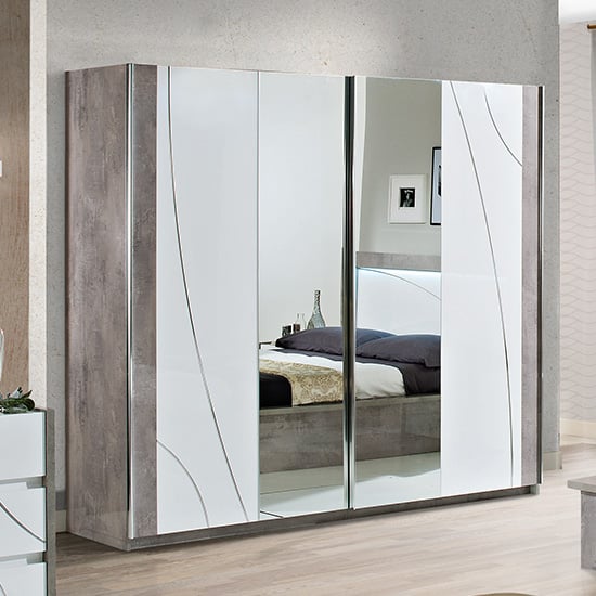 View Namilon large mirrored sliding wardrobe white grey marble effect