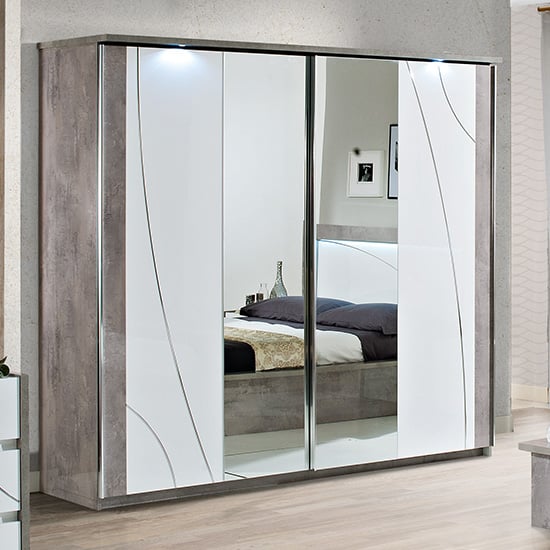 View Namilon led large mirrored wardrobe white grey marble effect