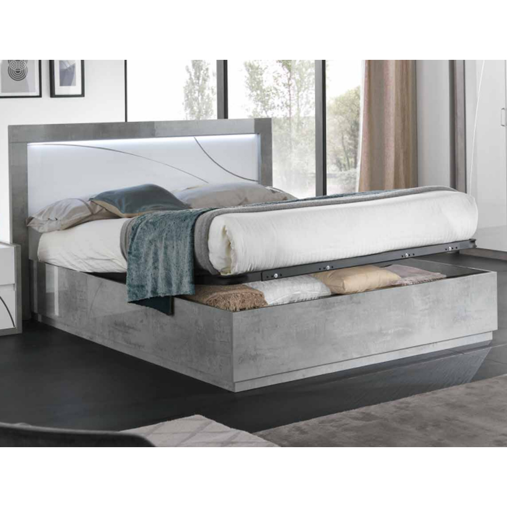 Namilon LED Wooden Double Bed In White And Grey Marble Effect