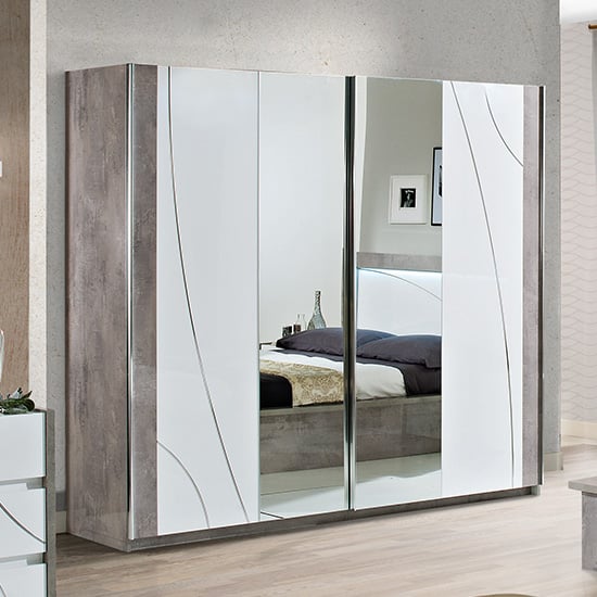 Product photograph of Namilon Mirrored Sliding Door Wardrobe White Grey Marble Effect from Furniture in Fashion