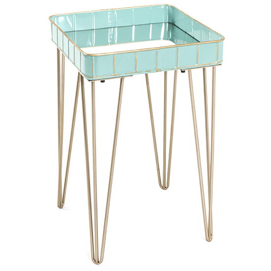 Nampa Mirrored Side Table In Turquoise With Gold Metal Legs