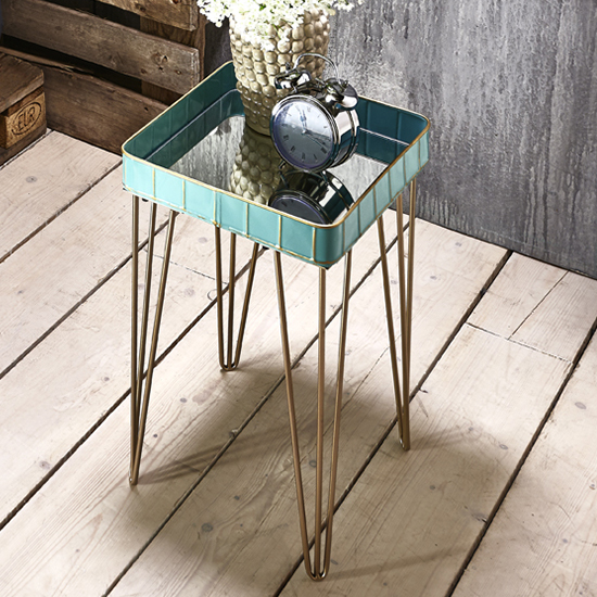 Photo of Nampa mirrored side table in turquoise with gold metal legs