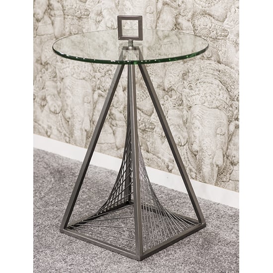 Read more about Nampa round clear glass side table with grey metal legs