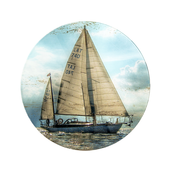 Nampa Round Glass Side Table In Sailing Ship Print