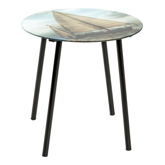 Product photograph of Nampa Round Glass Side Table In Sailing Ship Print from Furniture in Fashion