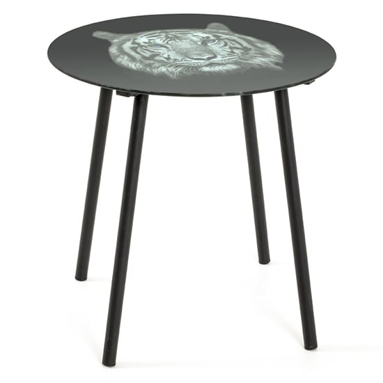 Product photograph of Nampa Round Glass Side Table In Tiger Print from Furniture in Fashion