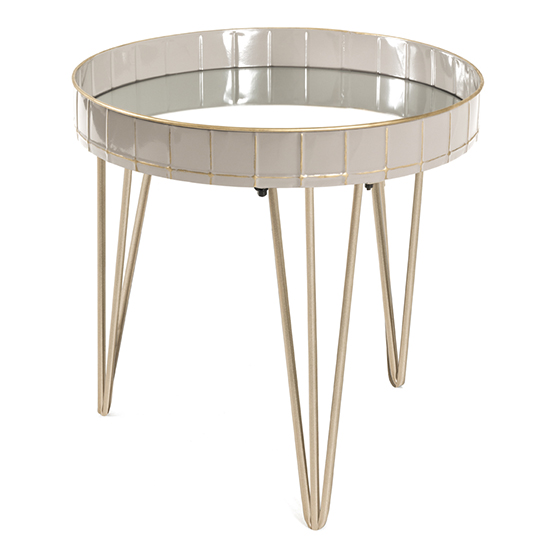 Nampa Round Mirrored Side Table In Taupe With Gold Metal Legs_2