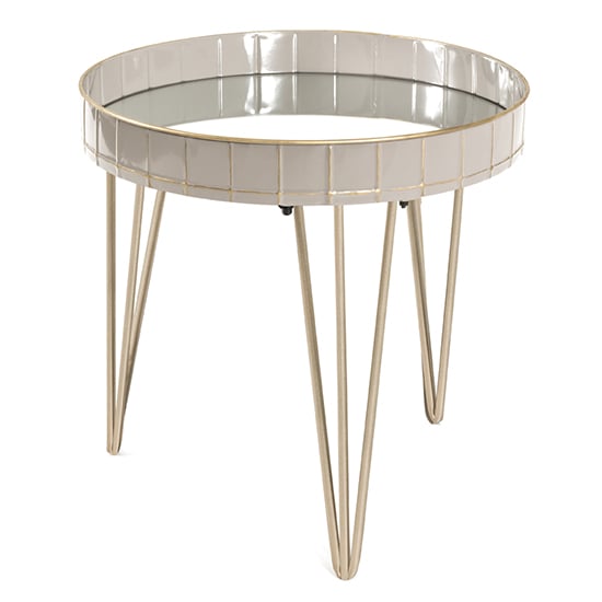 Nampa Round Mirrored Side Table In Taupe With Gold Metal Legs