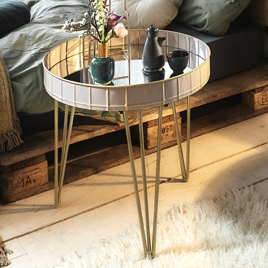 Product photograph of Nampa Round Mirrored Side Table In Taupe With Gold Metal Legs from Furniture in Fashion